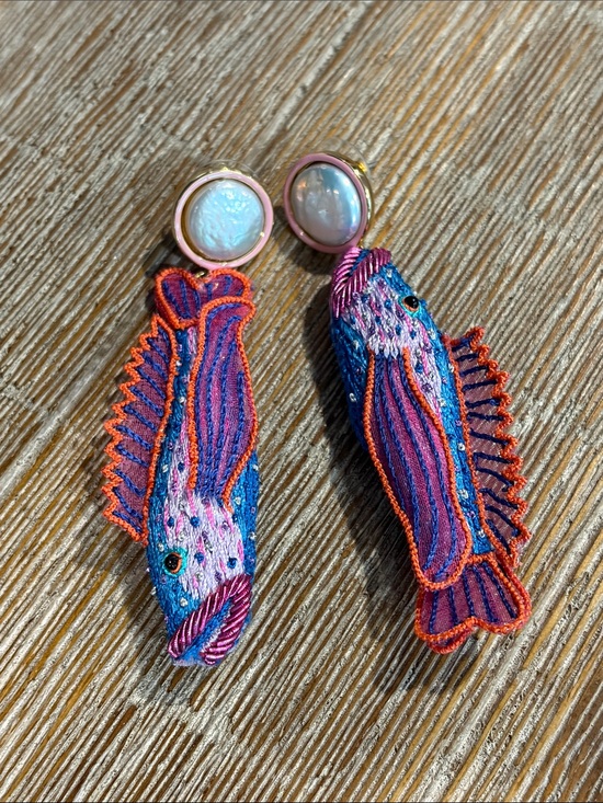 Jewelry - Mignonne Gavigan Colorful Fish Embroidered Drop Earrings - Pink, Purple & Blue